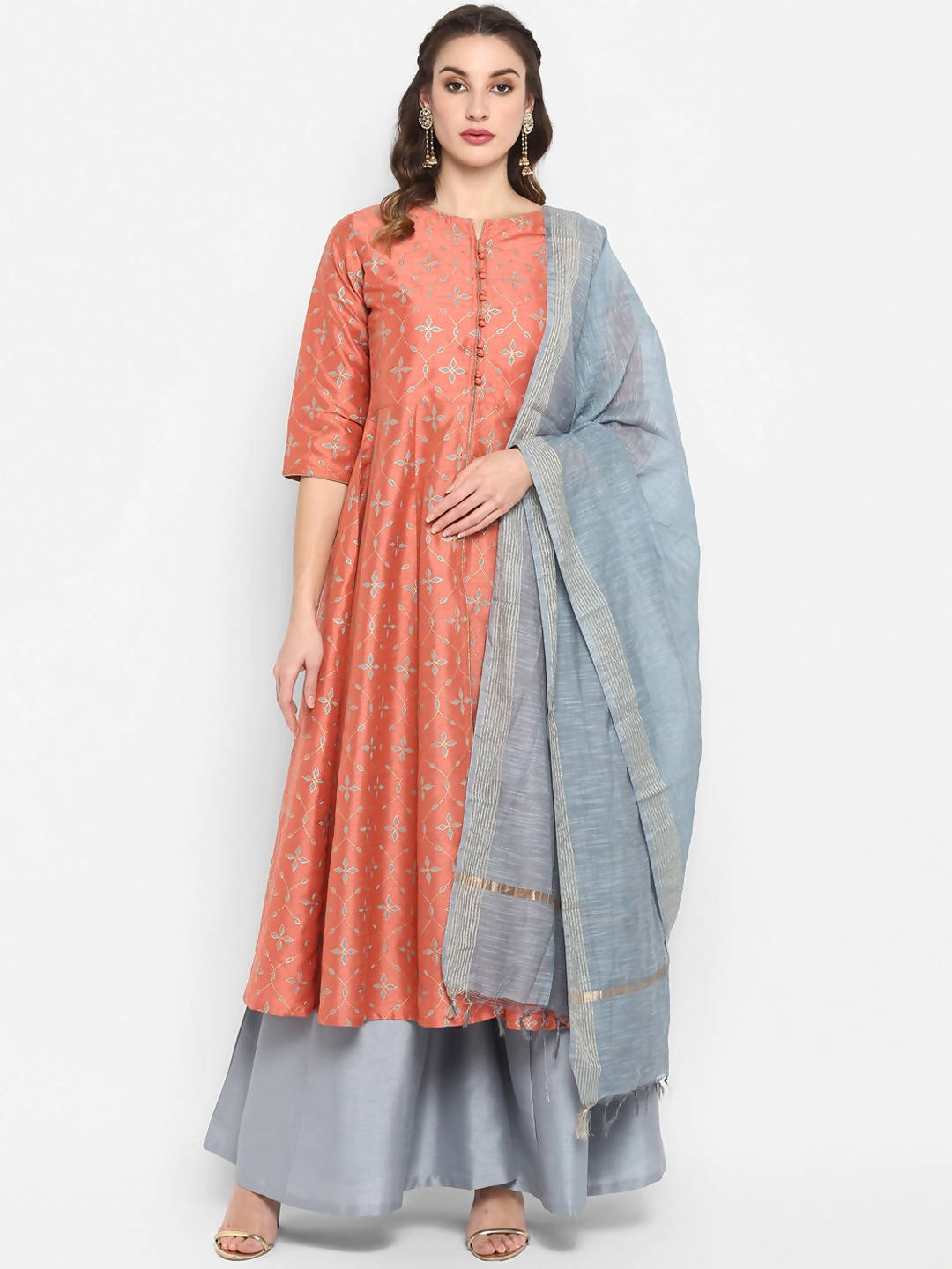 Janasya Peach & Grey Floral Print Anarkali Kurta with Palazzos & Dupatta - Distacart