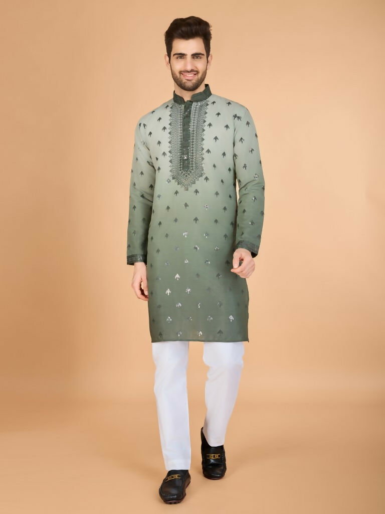 Vastranavya Ombre Green Premium Viscose Silk Thread & Sequence Embroidery work Kurta