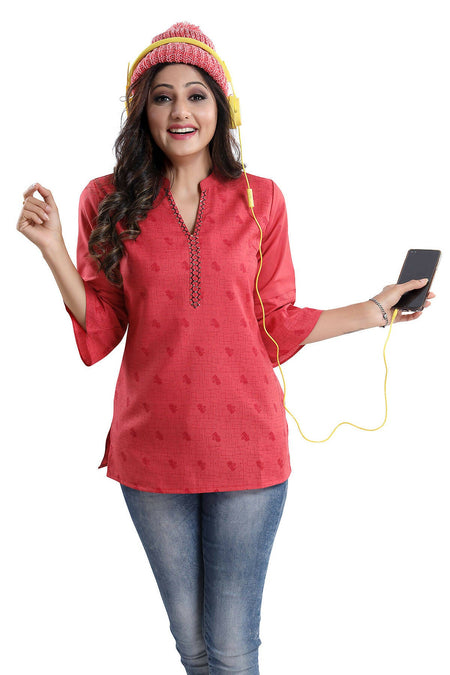 Snehal Creations Tomato Cotton Blended Casual Short Tunic Top