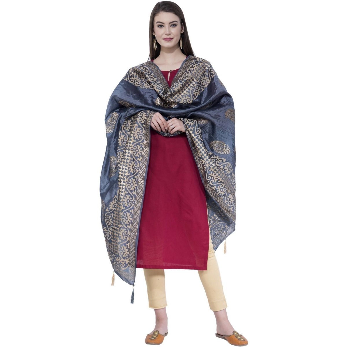 A R SILK Dark Gray Color Silk Pahadi Print Dupattas and Chunnis