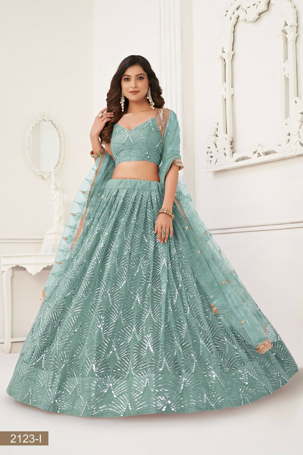 Eilara Glamorous Ocean Blue Net With Sequins And Thread Embroidery Real Mirror Work Lehenga Choli For Wedding