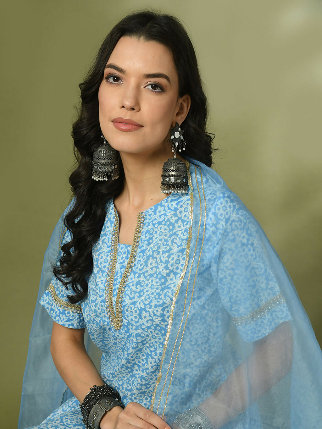 Myshka Women's Blue Printed Cotton Straight Party Kurta Set With Dupatta