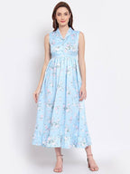 Myshka Women's Sky Blue Printed Cotton Blend Sleeveless Coller Casual Dress