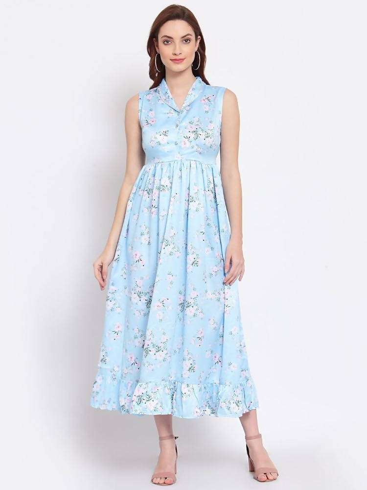 Myshka Women's Sky Blue Printed Cotton Blend Sleeveless Coller Casual Dress