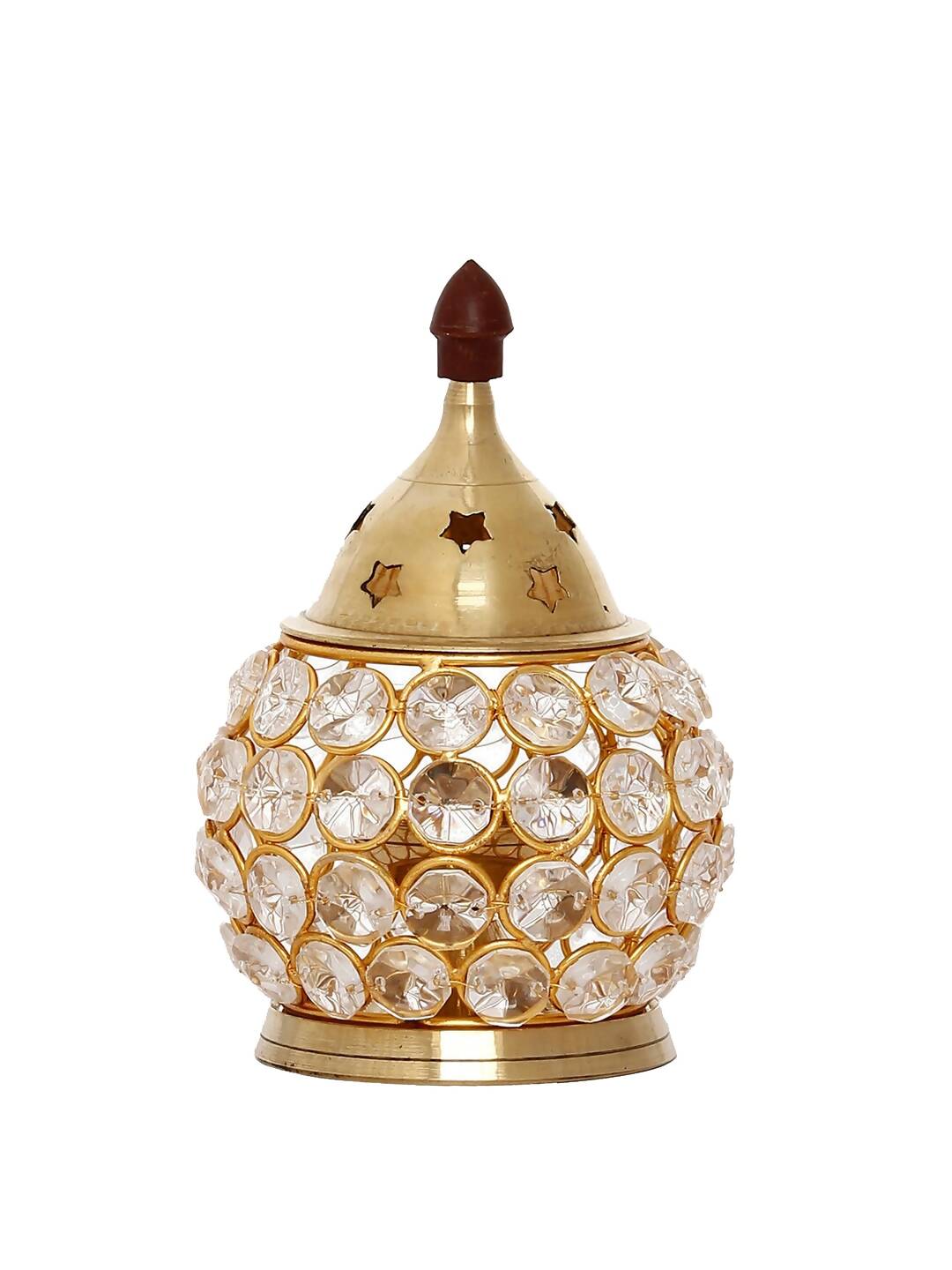 eCraftIndia Gold-Toned & Transparent Crystal & Brass Akhand Diya