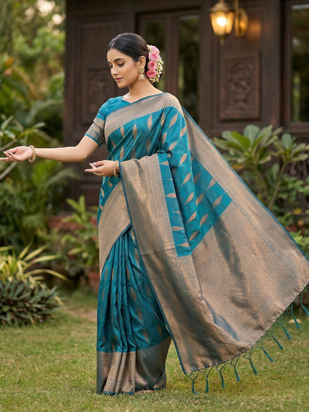 Shree Shyam Fashion Rama Blue Silk Blend Saree - Distacart