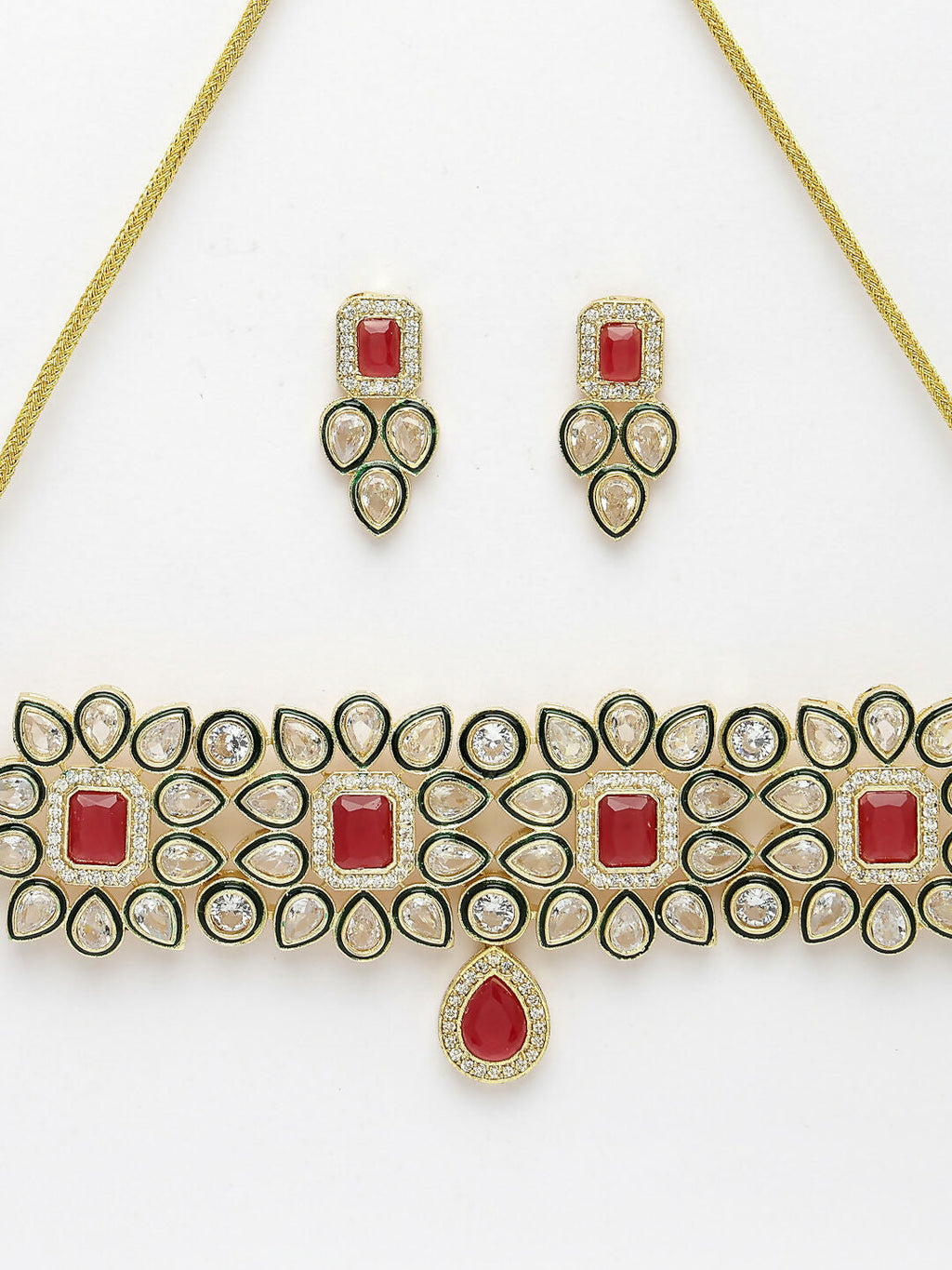 NVR Women's Red & Gold Kundan Studded Handcrafted Choker Jewellery Set