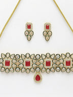 NVR Women's Red & Gold Kundan Studded Handcrafted Choker Jewellery Set
