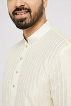 Ethnic India Cream Men's Kurta Striped Polyester