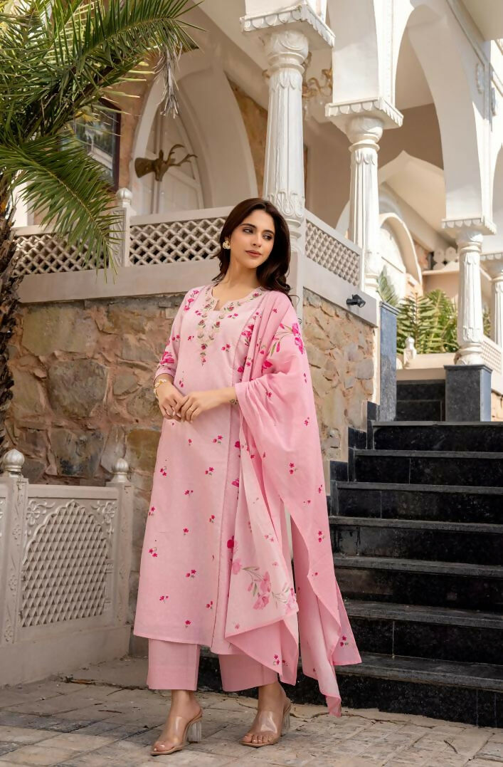 The52 Pink Women's Beautiful Chanderi Fabric Printed Work Straight Kurta Pant and Dupatta Set - Distacart