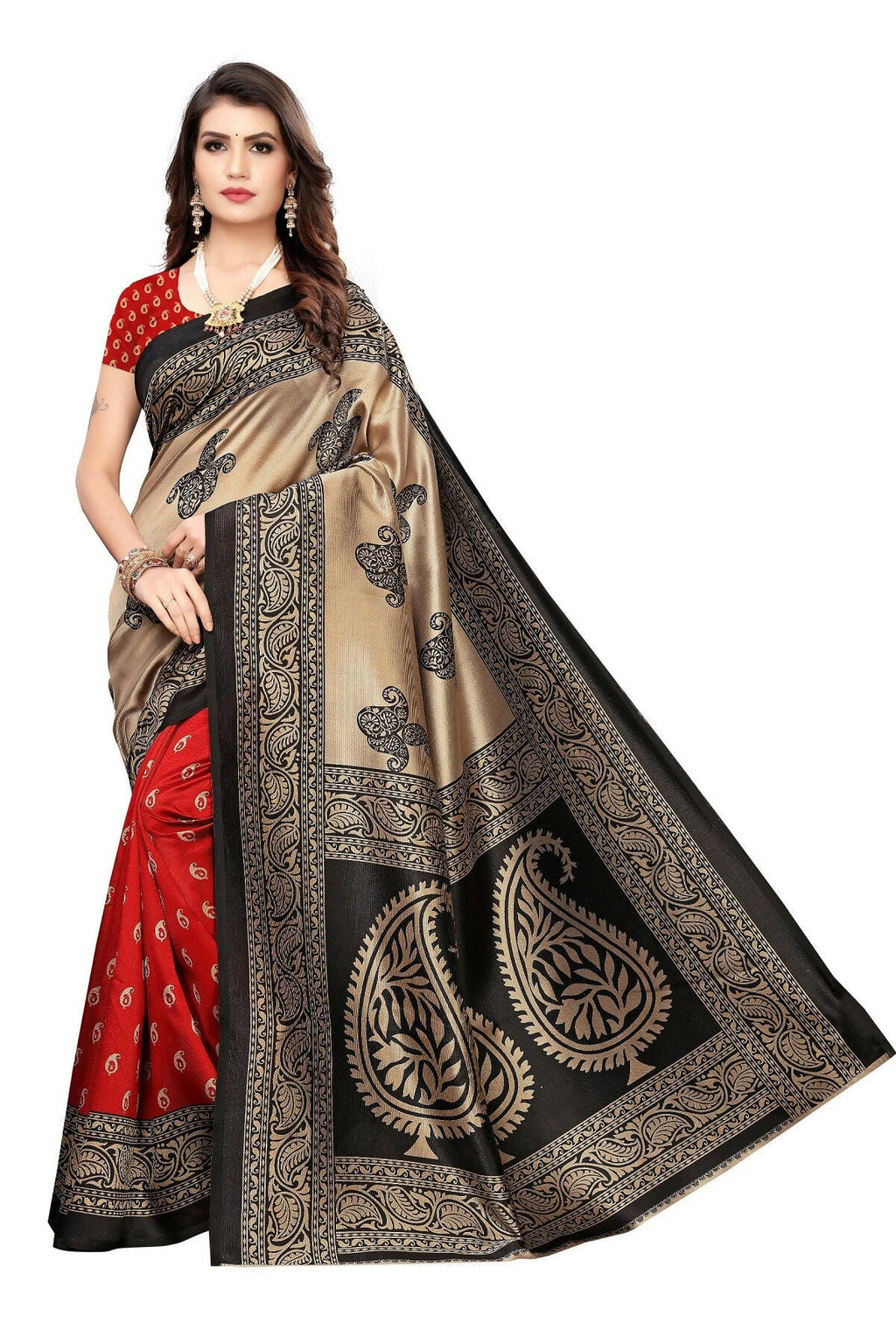 Vamika Red Printed Art Silk Saree