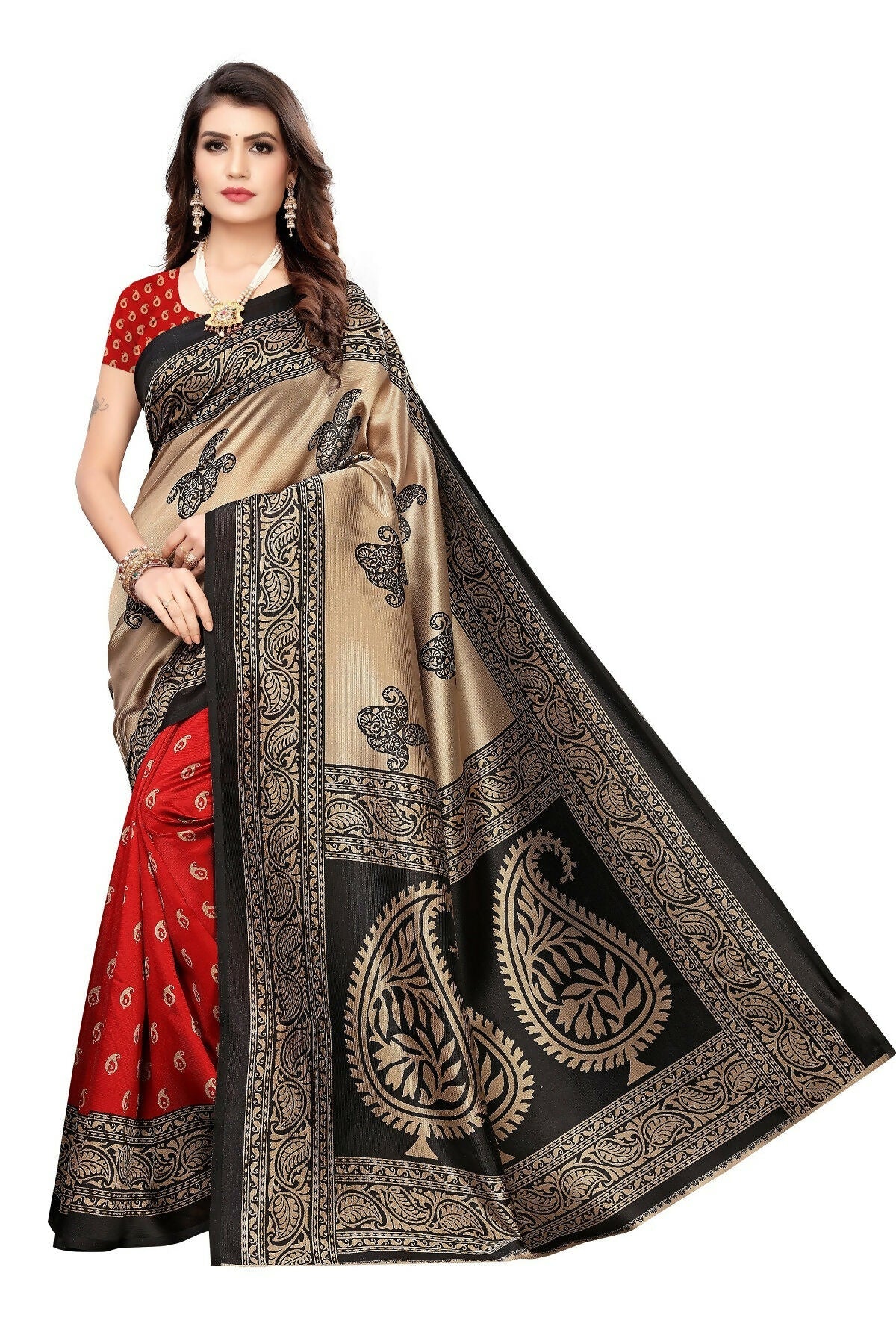 Vamika Red Printed Art Silk Saree