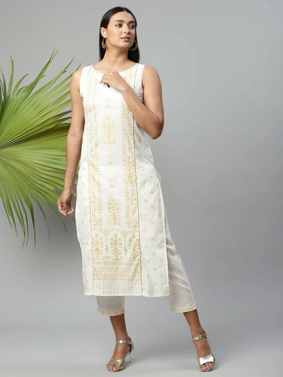 Ahalyaa Womens Off White Pure Cotton Printed Kurta Pant Set - Distacart
