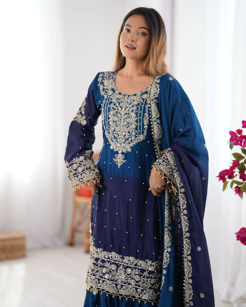 The52 Women's Beautiful Chinon silk Fabric Embroidery Work Straight Kurta Palazzo and Dupatta Set - Distacart