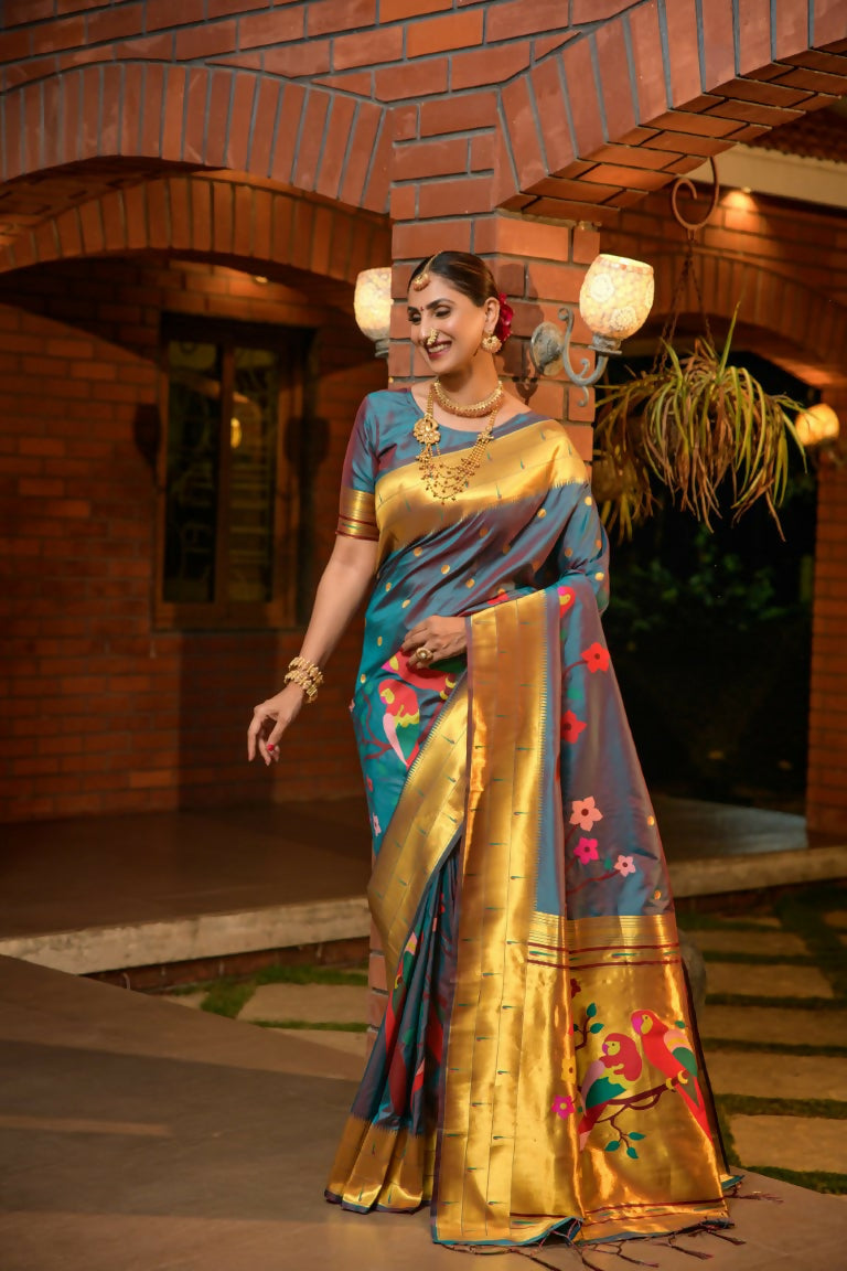Jyoti Fashion Women's Teal Paithani Silk Zari Woven Saree with Blouse