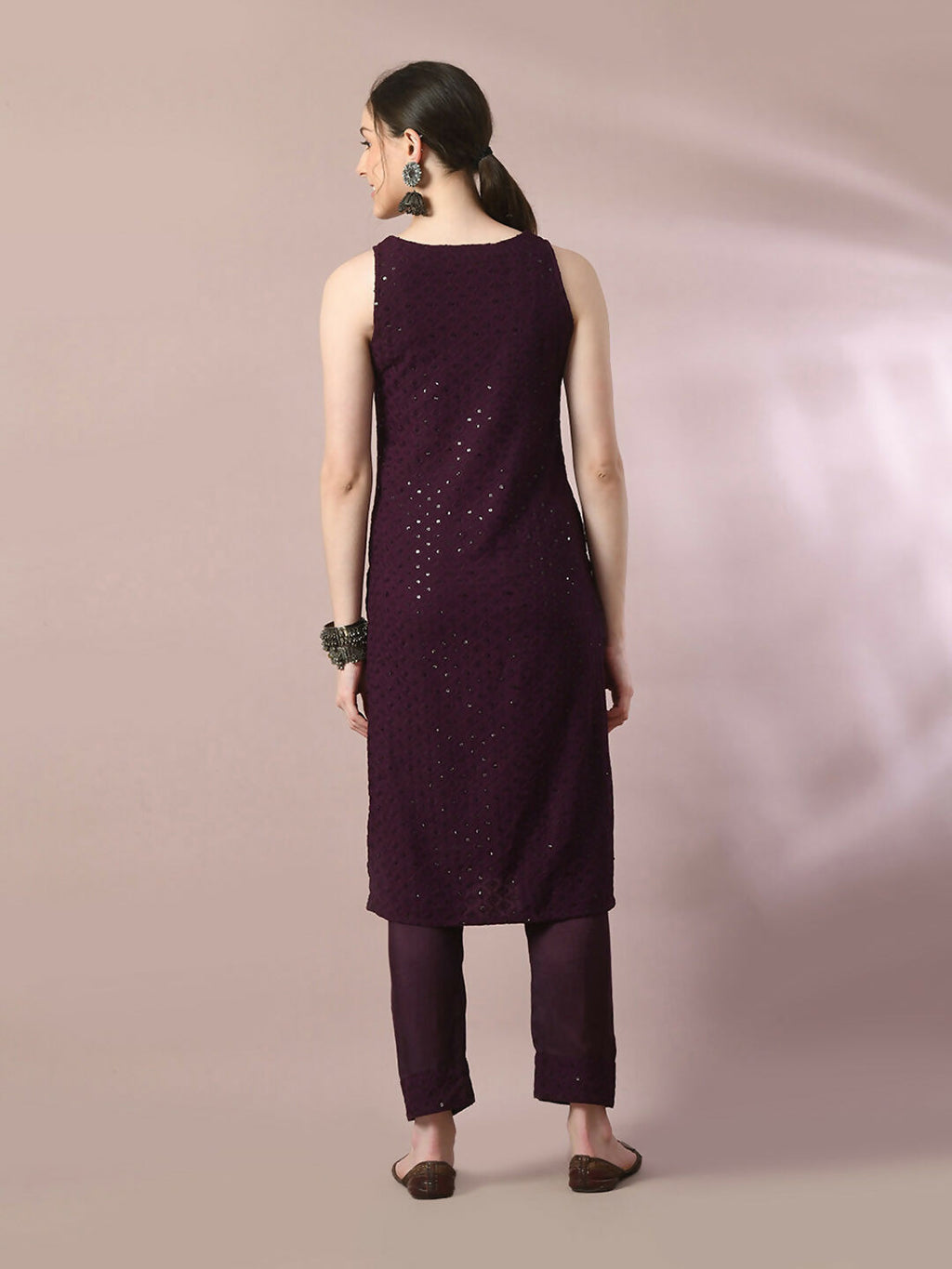 Myshka Women's Magenta Embroidered Cotton Straight Party Kurta Set