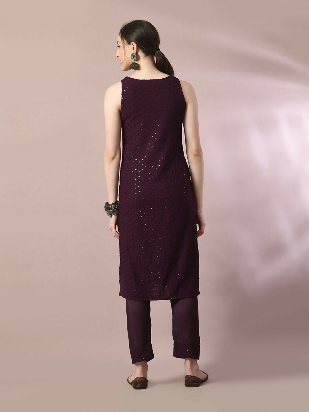 Myshka Women's Magenta Embroidered Cotton Straight Party Kurta Set