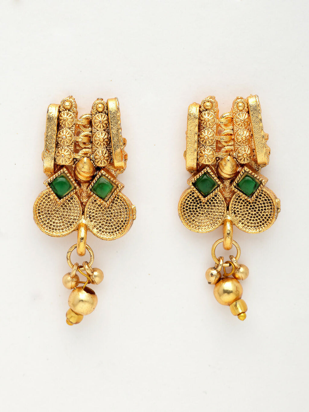 NVR Women's Gold-Polished Green Stone Studded Handcrafted Temple Jewellery Set