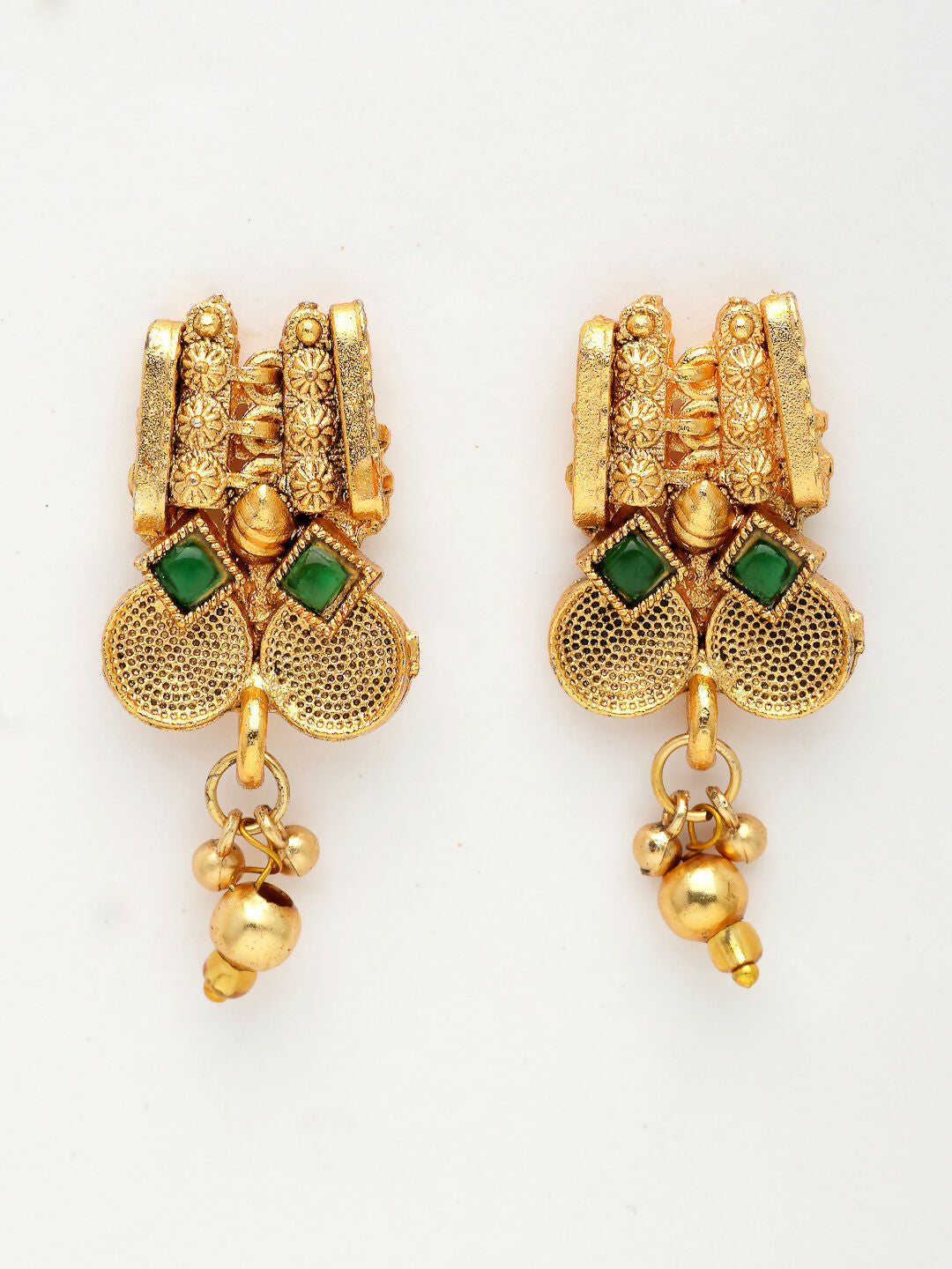 NVR Women's Gold-Polished Green Stone Studded Handcrafted Temple Jewellery Set