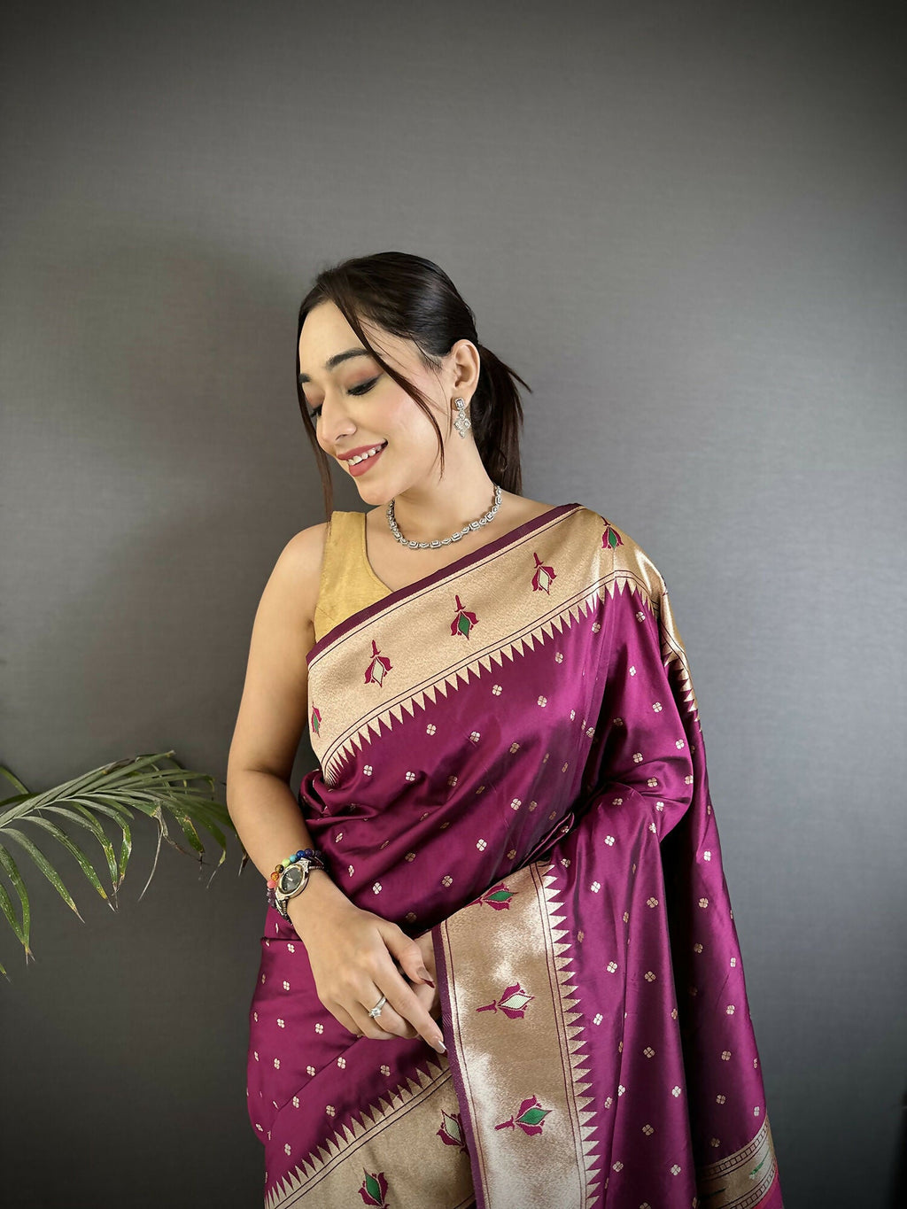 Joban Fashion Wine Peacock & Floral Motifs Soft Lichi Silk Kanchipuram Saree - Distacart