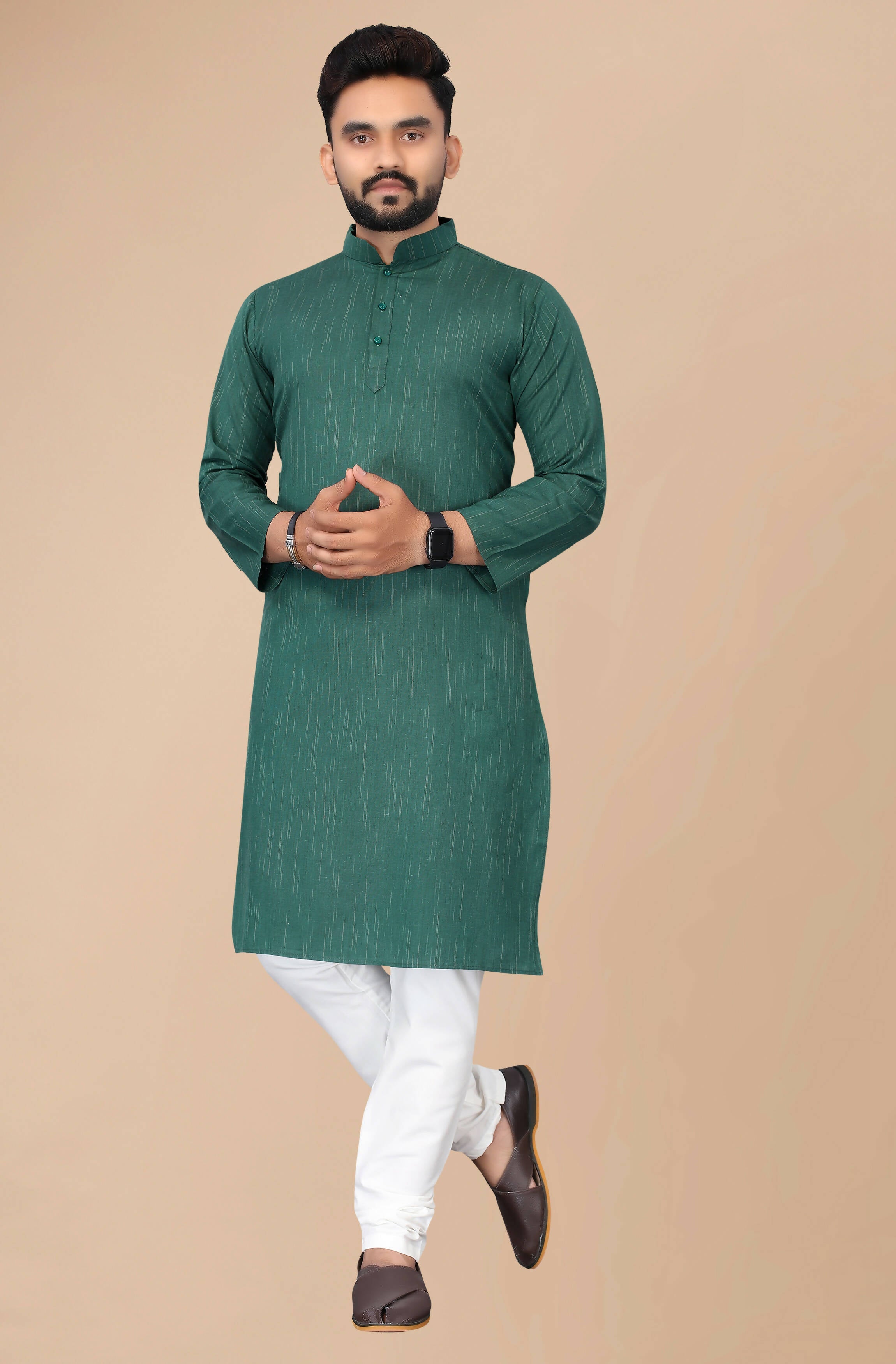 Indian Clothing Men's Green Striped Cotton Kurta - Mahotsav