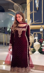 Joban Fashion Wine Velvet Sequence Embroidery Work Kurta Set - Distacart
