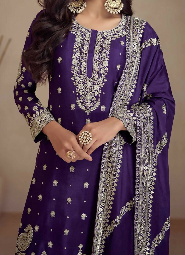 Vastranavya Glamorous Purple Chinon Palazzo Suit With Intricate Sequins Embroidery Work with Dupatta