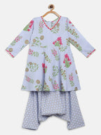Ahalyaa Blue Crepe Printed Kids Kurta With Harem Pants For Girls