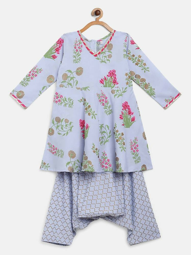 Ahalyaa Blue Crepe Printed Kids Kurta With Harem Pants For Girls