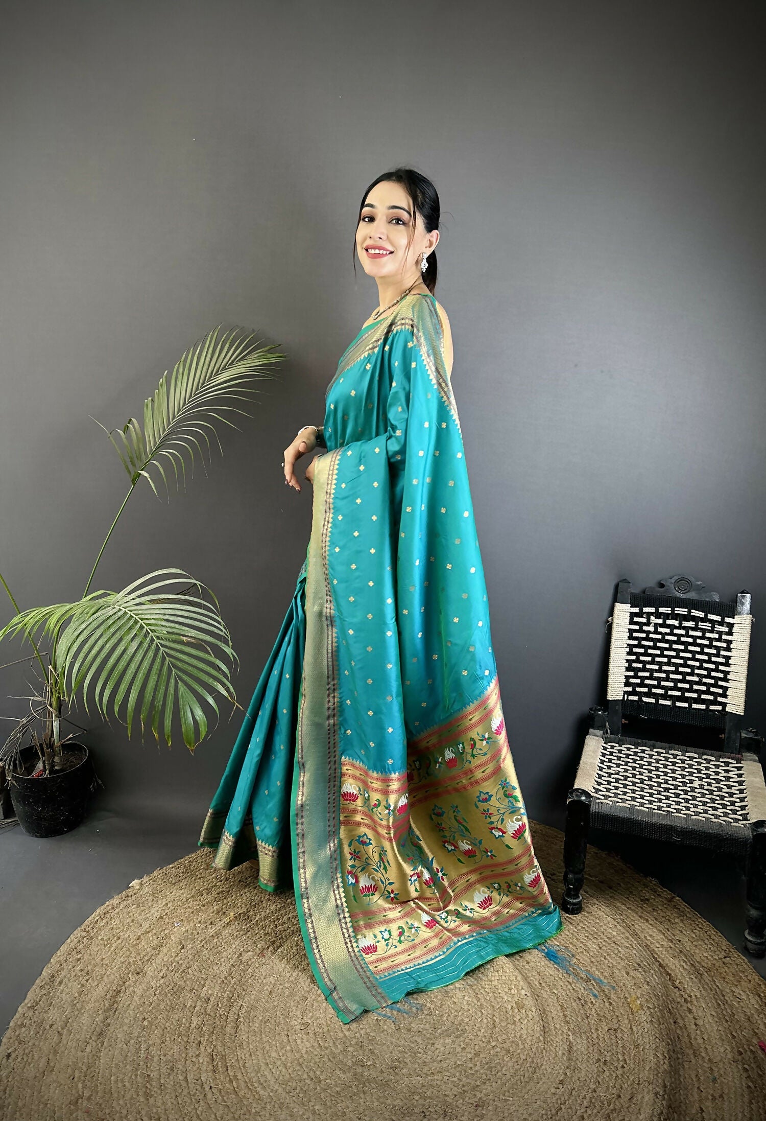 Joban Fashion Teal Butti Woven Soft Lichi Silk Paithani Saree - Distacart
