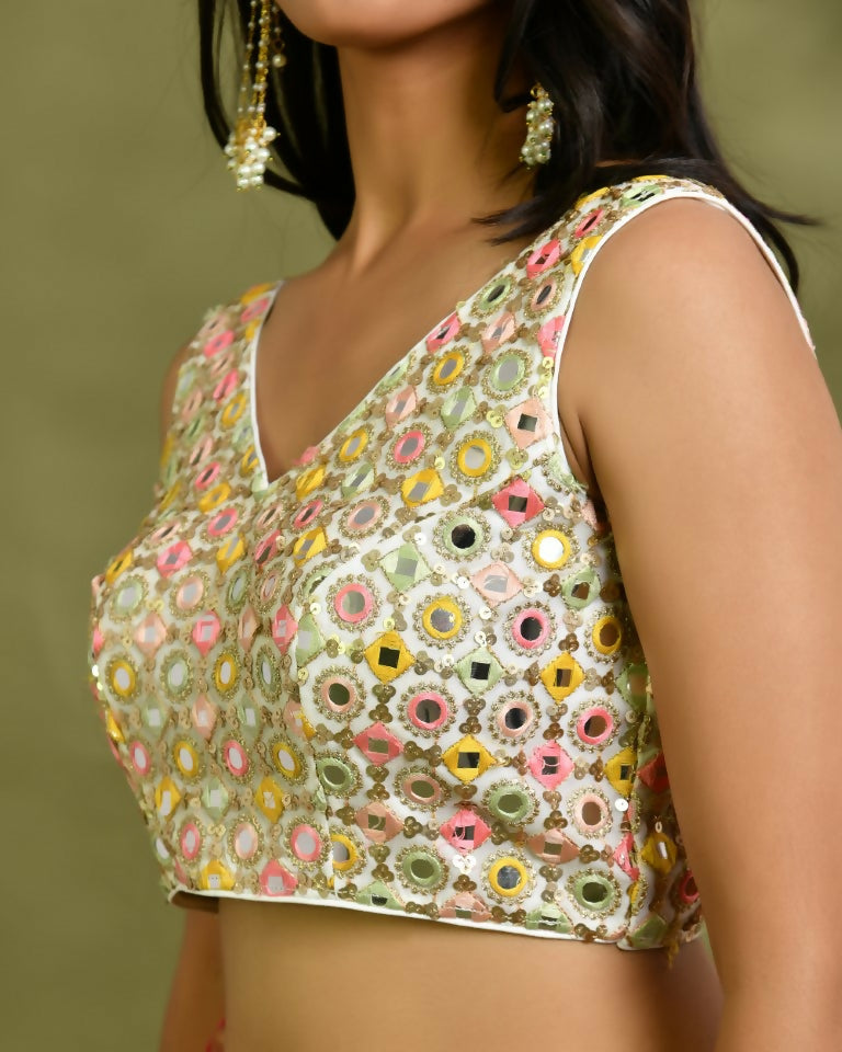 Amodini Designer Studio Multicolor Mirror Work Sleeveless Padded Blouse