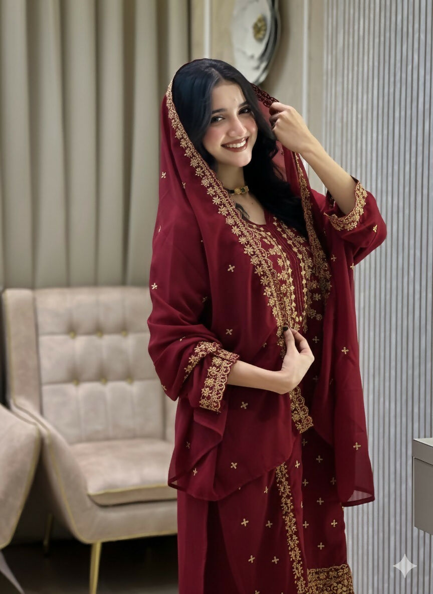 Teeya Creation Maroon Color Faux Georgette Embroidery Work Party Wear Salwar Suit - Distacart