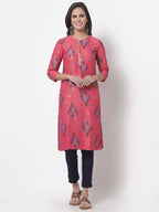 Myshka Women's Pink Printed 3/4 Sleeve Rayon Round Neck Casual Kurta