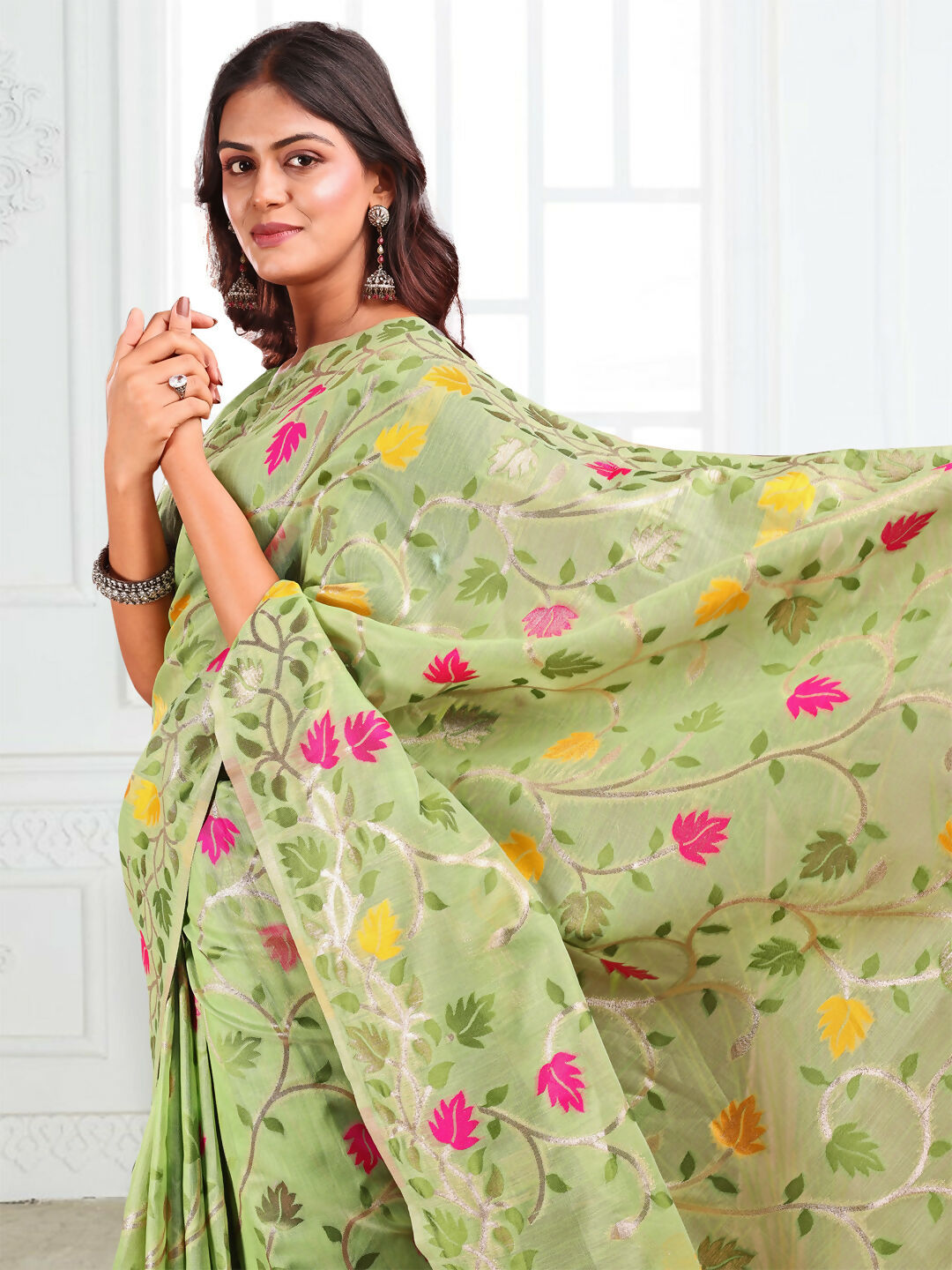 Shree Shyam Fashion Linen Cotton Light Green Saree - Distacart