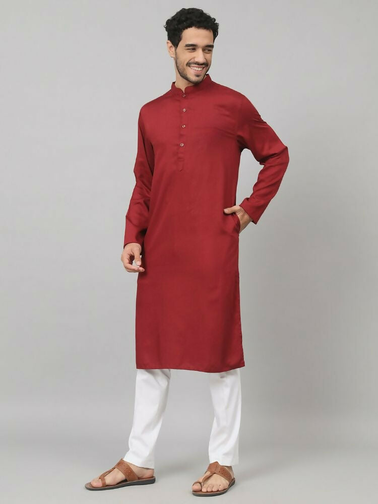Giza Cotton Maroon Plain Kurta by Hilo Design
