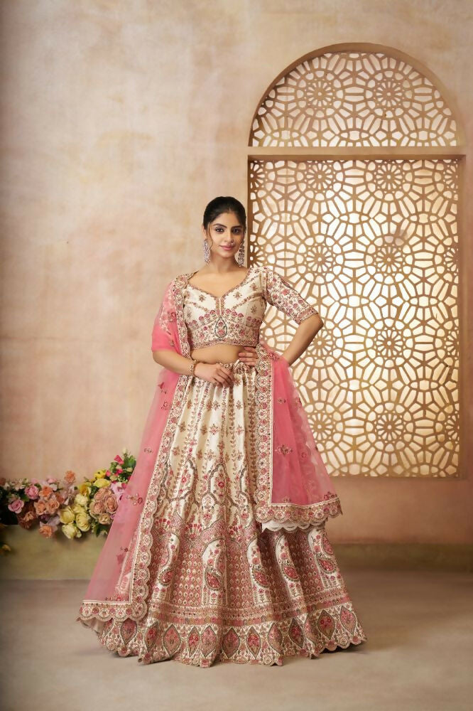 Kesar Fab White Silk Embroidered Lehenga