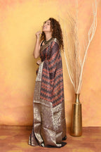 Very Much Indian Modal Silk Ajrakh Handblock Printed Natural Dyes With Designer Border Saree - Brown