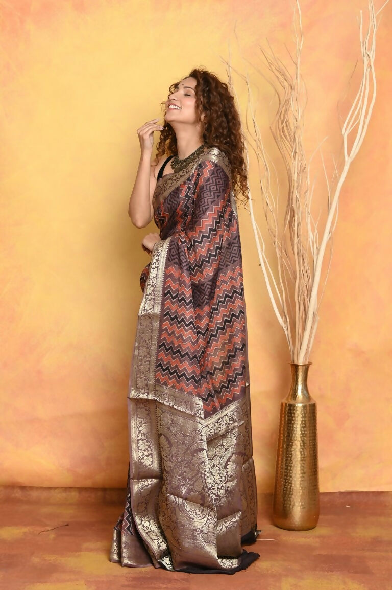 Very Much Indian Modal Silk Ajrakh Handblock Printed Natural Dyes With Designer Border Saree - Brown