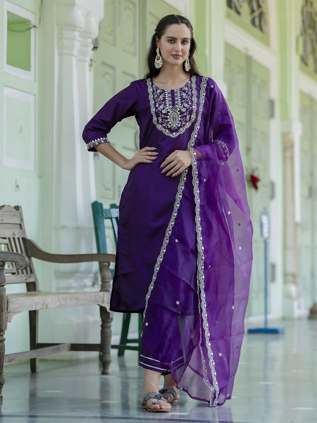 Vellora Purple Silk Blend Embroidered Designer Salwar Suit