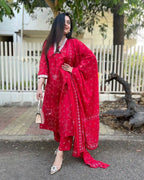 The52 Red Women's Beautiful Rayon Fabric Printed Work Straight Kurta Pant and Dupatta Set - Distacart
