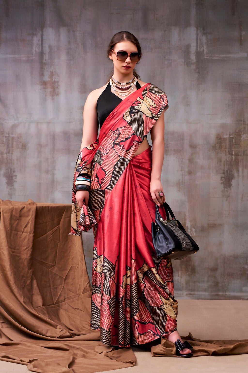 Vastranavya Red Satin Silk Printed Saree with a Natural Silk Unstitched Blouse - Distacart