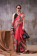 Vastranavya Red Satin Silk Printed Saree with a Natural Silk Unstitched Blouse - Distacart