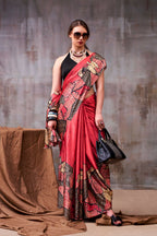 Vastranavya Red Satin Silk Printed Saree with a Natural Silk Unstitched Blouse - Distacart