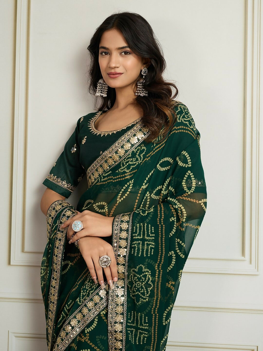 Ai Fashion Dark Green Georgette Rajwadi Bandhani Print Party Wear Saree - Distacart