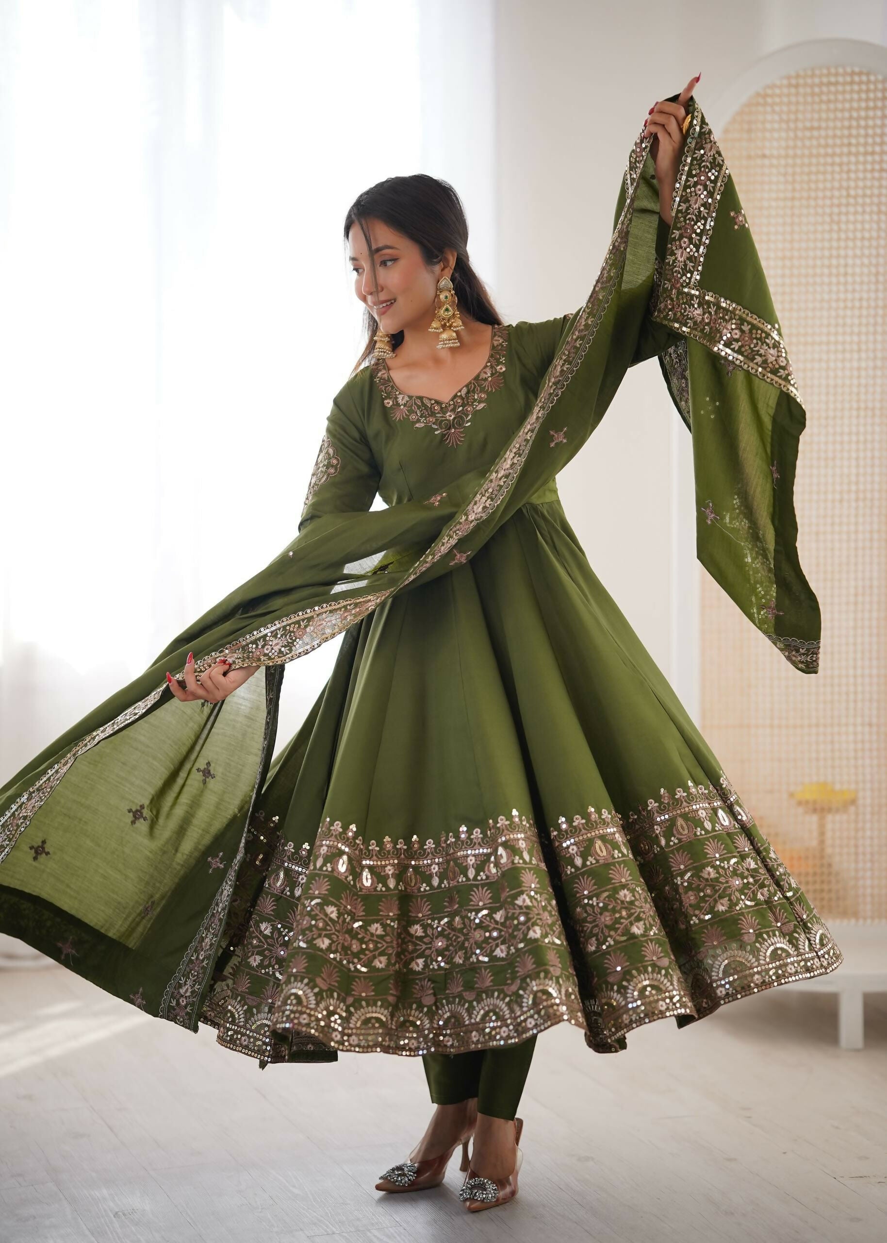 Teeya Creation Green Roman Silk Embroidery Work Party Wear Long Gown - Distacart
