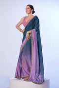 Teal Blue Chinon Solid Designer & Lace Work Saree - Samaa