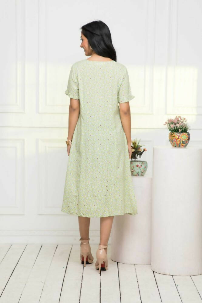 Myshka Women Green Ethnic Motifs Rayon A-Line V-Neck Dress - Distacart