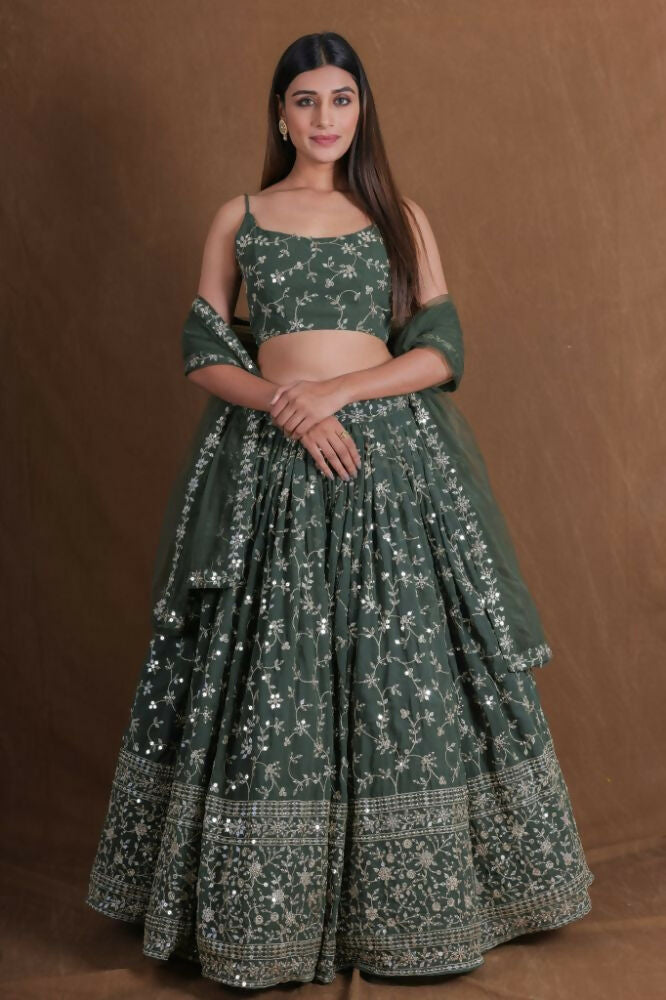 Green Georgette Zari,Sequence Embroidery Work Lehenga Choli - Jihu Culture