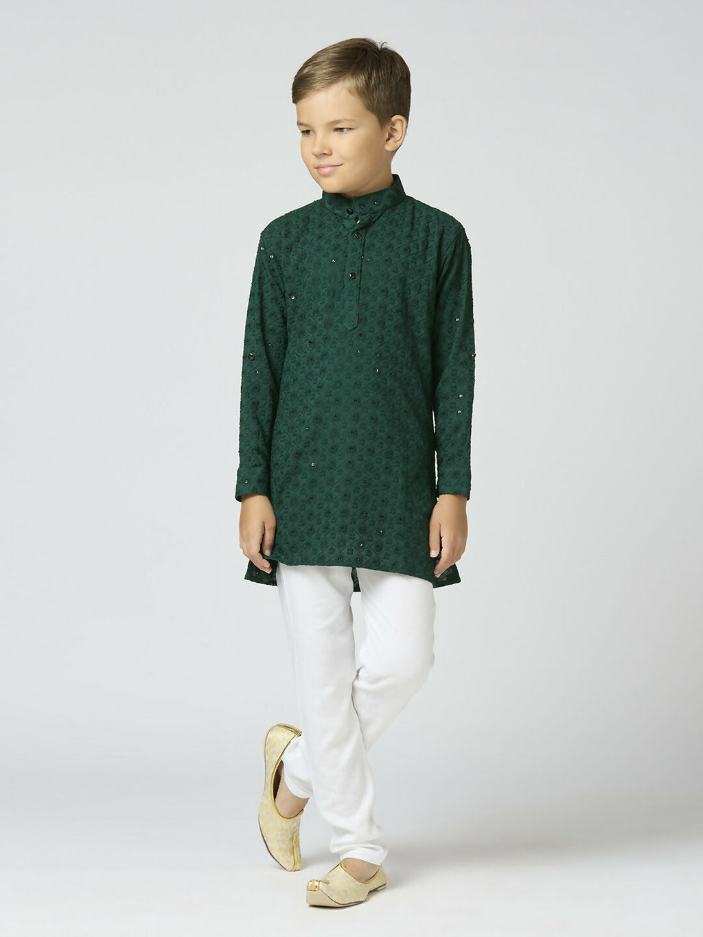 Joban Fashion Kids Island Full Sleeves Cotton Kurta and Pyjama Set with Sequin work - Green - Distacart