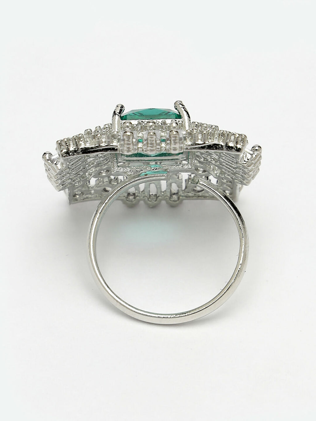 NVR Women's Green & Silver CZ-Studded Square-Shaped Adjustable Finger Ring